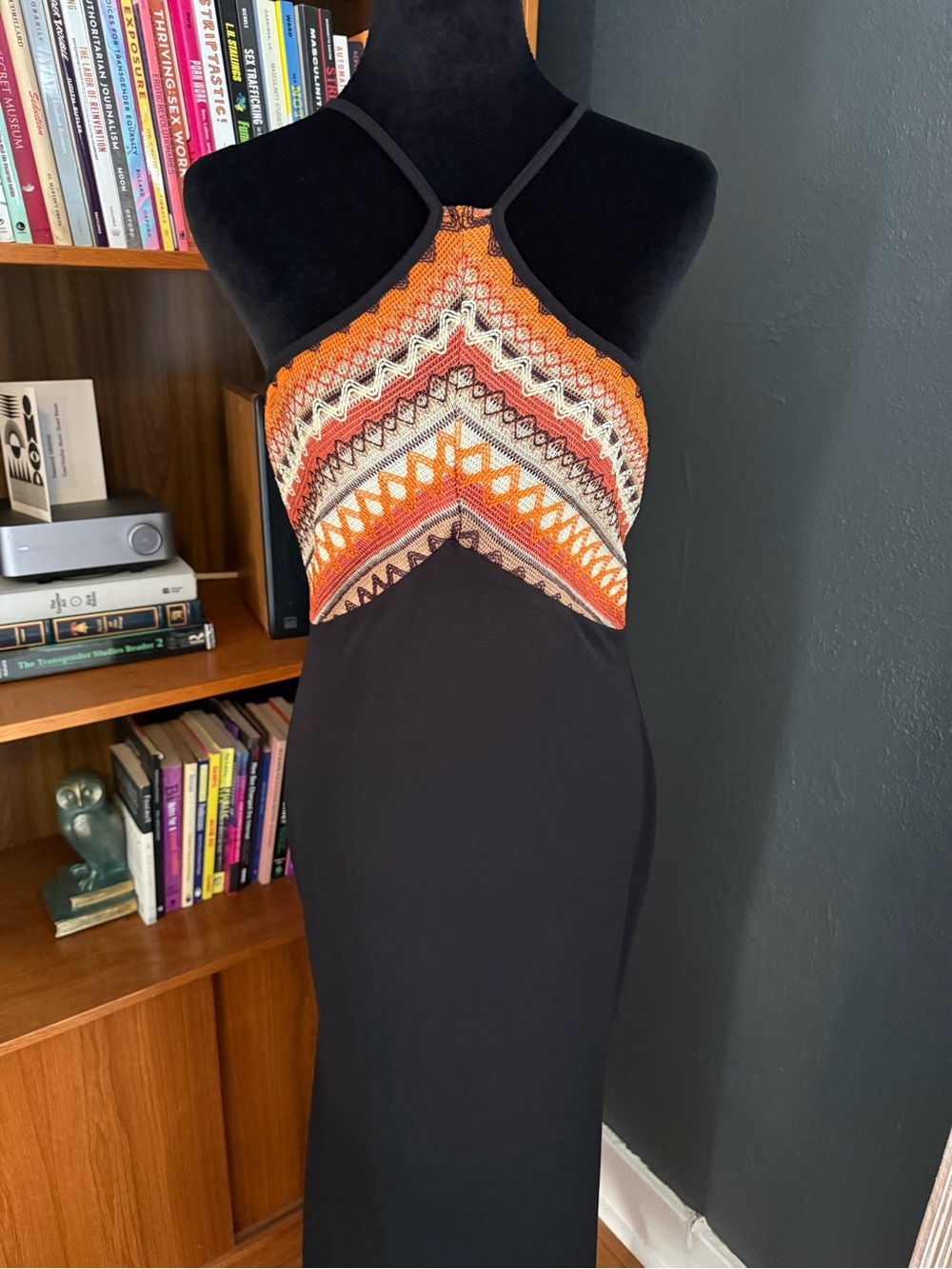 SHEIN Black Maxi Dress with Orange and Cream Chevron Knit Bodice